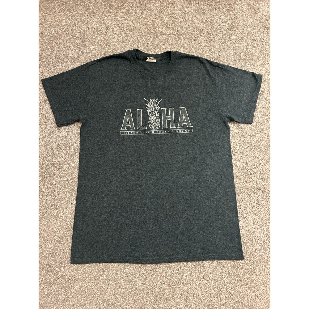 VTG Island Surf & Shaka Aloha T-Shirt Mens Medium Gray Excellent Pineapple